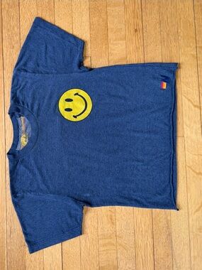 Aviator Nation Blue Short Sleeve Tee with Yellow Smiley Face